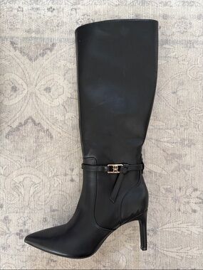 Tommy Hilfiger Black Pointed-Toe Knee High Stiletto Boot with Gold Buckle